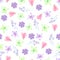 A seamless floral pattern with watercolor hand-drawn pink and purple spring flowers