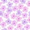 A seamless floral pattern with watercolor hand-drawn tender purple and pink spring flowers