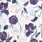 Seamless floral pattern with white, dark purple tulips, leaves and petals on a white background.