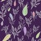 Seamless floral pattern with white outline branches and multicolored leaves on dark violet background. Spring/summer pattern. Hand