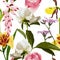 Seamless floral pattern, white peony, lily, orchids flowers on a white background.