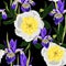 Seamless floral pattern with white yellow peonies and violet iris. Design for wallpaper, fabric, wrapping paper, cover and more.
