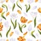 Seamless floral pattern with white and yellow tulips, leaves and petals on a white background.