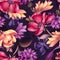 Seamless floral pattern, wild red purple flowers, botanical illustration, colorful background, textile design