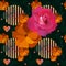 Seamless floral print for fabric with cute large crimson rose and orange cosmos flower on abstract background with musical symbols