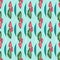 Seamless floral print. Pattern of bright pink buds of tulips, green leaves, wavy vertical borders. Pale blue background
