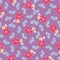 Seamless floral print, red and blue flowers with a white outline. Summer textile pattern on orchid color background