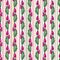 Seamless floral print, vertical borders from bright magenta tulip buds, green leaves, white background with colored stripes