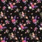 Seamless floral summer pattern with bouquets of roses, daisy, cosmos and bell flowers on black background. Print for fabric