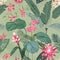 Seamless Floral Tropical Print with Exotic Flowers Guzmania Orchid Blossoms, Jungle Leaves on Green Background