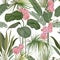 Seamless Floral Tropical Print with Exotic Orchid Pink Flowers, Green Jungle Leaves on White Background