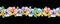 Seamless floral vertical stripe border band with yellow, pink, blue, purple pansies viola flowers in line or row on black