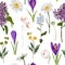 Seamless floral violet crocus and many kind of spring flowers seamless pattern on vintage white background.