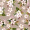 Seamless floral wallpaper with aquarelle painted spring cherry or apple flowers on brown background dots design