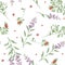 Seamless floral watercolor cowberry and salvia flowers pattern