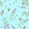 Seamless floral watercolor cowberry and salvia flowers pattern