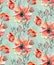 Seamless floral watercolor pattern with large realistic red poppies on a green background