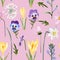 Seamless floral yellow crocus and many kind of spring flowers seamless pattern on pink background.