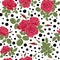 Seamless flowers of red roses pattern with dots, circles background