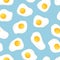 Seamless food vector pattern. Cartoon hand drawn scrambled eggs on blue background. Flat illustration for textile, wallpaper,