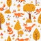 Seamless forest foxes pattern. Cute red fox among yellow trees, wild animal nature background vector illustration