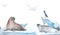 Seamless frame of banner with walrus, seal, guillemot and seagull watercolor illustration on ice , iceberg on background