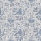 Seamless french farmhouse bird foliage linen printed fabric background. Gray pattern texture. Shabby chic style woven