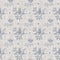 Seamless french farmhouse bird linen printed fabric background. Provence blue pattern texture. Shabby chic style woven