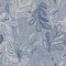 Seamless french farmhouse linen printed floral damask background. Provence blue gray linen pattern texture. Shabby chic