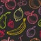 Seamless fruit hand drawn pattern with apple, cherry, lemon, banana, strawberry, plum, pear, peach, orange. Vintage boho backgroun