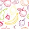 Seamless fruit hand drawn pattern with apple, cherry, lemon, banana, strawberry, plum, pear, peach, orange. Vintage boho backgroun