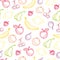 Seamless fruit hand drawn pattern with apple, cherry, lemon, banana, strawberry, plum, pear, peach, orange. Vintage boho backgroun