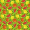 Seamless fruit pattern, on a light green background with figures. Watermelons, lemons, oranges, bright, fresh fruits