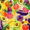 Seamless fruit and vegetables vegetarian food pattern, vector vegan bright color background. Artistic background