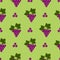 Seamless fruits vector pattern, bright color background with grapes and leaves, over green backdrop