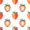 Seamless fruits vector pattern, bright symmetrical background with closeup strawberries, on the white backdrop