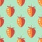 Seamless fruits vector pattern, pastel symmetrical background with closeup strawberries, on the green backdrop