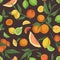 Seamless fruity pattern with different citrus fruits on black background. Endless repeatable texture with realistic