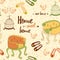 Seamless furniture pattern with cute colorful chairs, birds cage, home shoes and phrase \'Home sweet home\'.