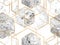 Seamless geometric pattern with gold glitter lines and marble polygons