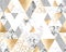 Seamless geometric pattern with gold metallic lines, silver glitter, gray and marble triangles