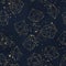 Seamless geometric pattern on navy background with paint splashes. Abstract gold polygonal geometric shapes / crystals