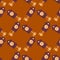 Seamless geometric pattern with purple colored cuckoo clock print. Brick orange colored background