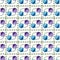 Seamless geometric pattern of square tiles separated by rhombus borders. Round elements of purple and blue tulips, white