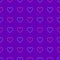 Seamless geometric pattern of staggered blue and pink neon glowing hearts on purple background, vector illustration