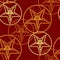 Seamless geometrical pattern with ornate pentagrams or five point stars made of goat`s heads. Golden silhouettes on red backgroun