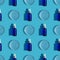 Seamless glass dropper bottles with pipettes and petri dishes on blue background.