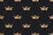 Seamless gold pattern with king crown with diamond on a dark black background. Vector Illustration.