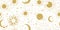 Seamless golden space pattern with sun, crescent, planets and stars on a white background. Mystical ornament of the