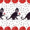 Seamless gouache black frida monkey pattern with red flowers